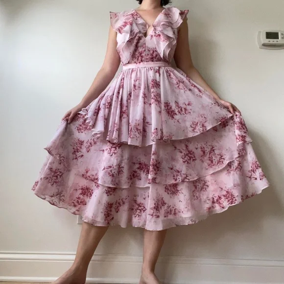 Fame and Partners Dresses | Light Pink and Maroon Floral Tiered Chiffon Midi Dress | Color: Pink/Red | Size: 2 | Jessshorst's Closet